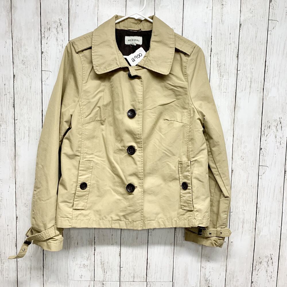 Merona Jacket Women Size Large Tan Collared Button Front Long Sleeve Lightweight